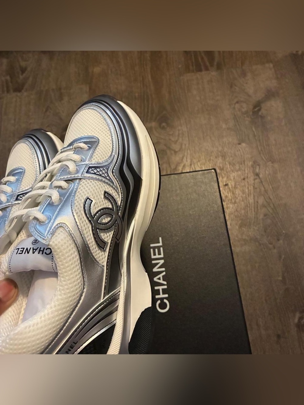 CHANEL Silver and White Mesh Logo Runner Sneakers - Picture 4 of 5